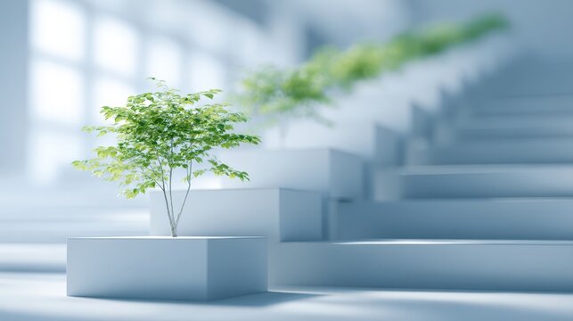 series of small, vibrant green trees planted on ascending white, geometric steps or platforms, symbolizing continuous growth, environmental progress, business success, sustainable development