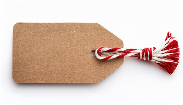 Craft Paper Tag With Red And White Jute Cord Isolated On Transparent Background