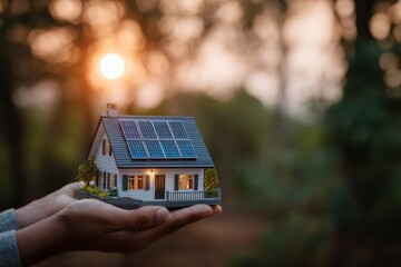 Concept of Eco-Friendly Home: Hands with Solar Model