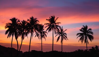 Obraz premium Vector Colorful Palm Tree Silhouettes At Sunset With Orange And Pink Gradient Sky