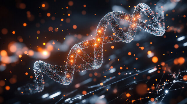 DNA helix floating above a digital tech grid with glowing strands representing genetics, biotechnology, futuristic science, molecular structure, and advanced digital visualization in high-tech style