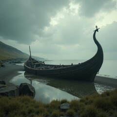 Old Viking ship rests on a quiet beach at dusk Generative AI