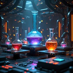 Colorful glowing laboratory scene with various flasks Generative AI