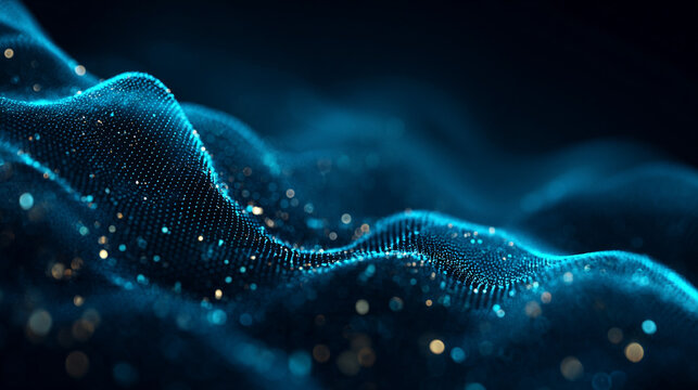 Abstract smooth particle waves in soft blue light, forming flowing digital patterns symbolizing big data, network structures, science, and advanced neural technology.