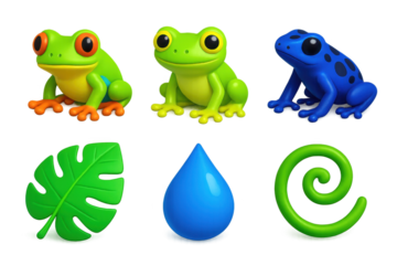 Tropical Frog Icons. 3D icon set of tropical frogs: red-eyed tree frog, glass frog, dart frog, rainforest leaf, water droplet,