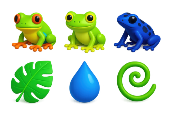 Tropical Frog Icons. 3D icon set of tropical frogs: red-eyed tree frog, glass frog, dart frog, rainforest leaf, water droplet,