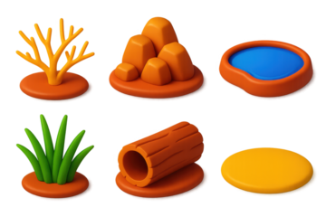 Variety of different elements, including a tree, rocks, a log, and a pond