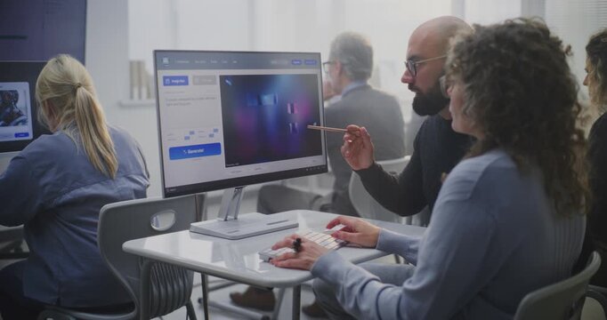 Young Teacher Guiding Adult Female Student Craft Effective Prompts For AI Image Generation During Digital Art Lesson. Man Analyzes Futuristic City Image on Screen. Concept of AI Education, Creativity.
