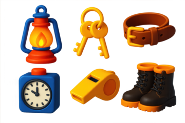 Night Watchman Gear Set. 3D icon set of night watchman gear: oil lantern, brass key ring, leather belt, time clock, whistle, heavy