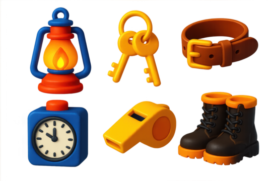 Night Watchman Gear Set. 3D icon set of night watchman gear: oil lantern, brass key ring, leather belt, time clock, whistle, heavy