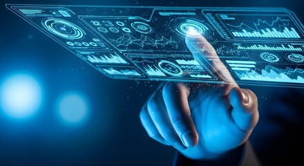 Human finger touching digital user interface screen with data and information