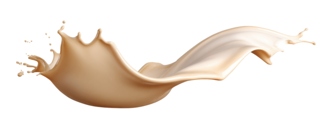 Pale light brown creamy liquid splash isolated PNG cutout, transparent background. Dynamic milky pastel color spill presentation for drink or cosmetic cream