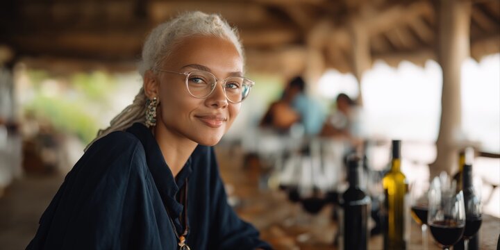 Young african female enjoying wine tasting experience at rustic venue