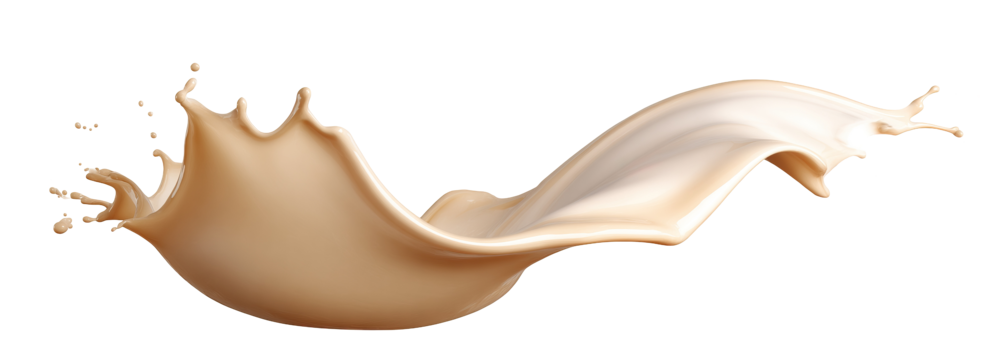 Pale light brown creamy liquid splash isolated PNG cutout, transparent background. Dynamic milky pastel color spill presentation for drink or cosmetic cream