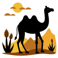 Stylized black camel silhouette in desert landscape Vector