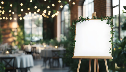Blank wooden easel signboard decorated with green leaves stands in restaurant dining area. Tables set for meal