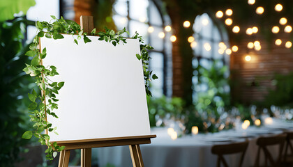 Blank wooden easel signboard decorated with green leaves stands in restaurant dining area. Tables set for meal