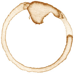 Realistic double coffee ring stain with a slight overlap, isolated transparent background, light brown marks with soft, irregular edges, light beverage or two quick spills