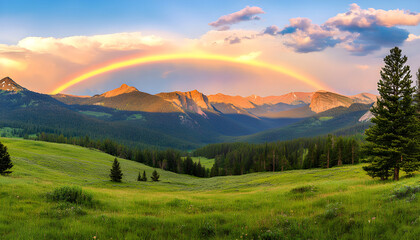 Vibrant rainbow arches over misty mountains at sunrise. Soft clouds drift in blue sky above green grassy hills