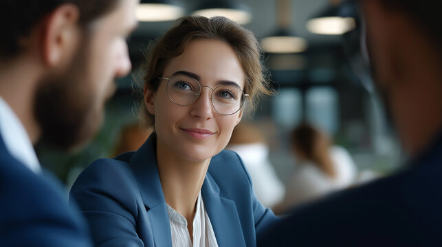 Businesswoman discussing with colleagues faceless professionals modern office environment teamwork fostering collaboration corporate meeting professional interaction