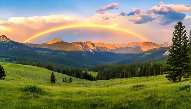 Vibrant rainbow arches over misty mountains at sunrise. Soft clouds drift in blue sky above green grassy hills