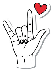 I love you hand sign doodle sticker representing affection and sign language.