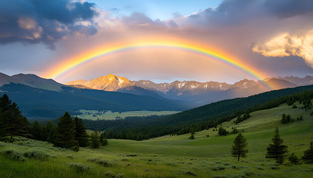 Vibrant rainbow arches over misty mountains at sunrise. Soft clouds drift in blue sky above green grassy hills