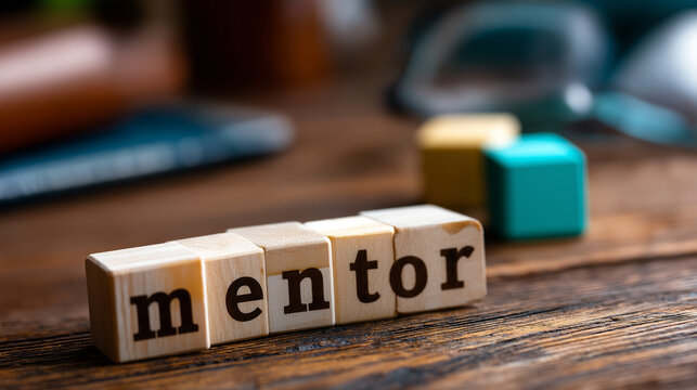 Word "mentor" on colorful wooden cubes creative typography concept professional development visual business coaching imagery corporate training symbol educational