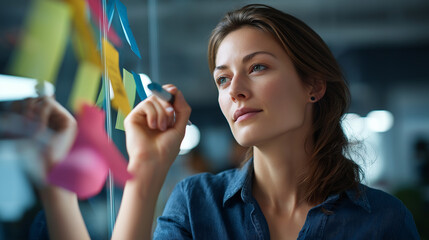 Young faceless professional writing on sticky notes on glass wall diverse team planning creative corporate office stand up meeting business ideation session modern workspace