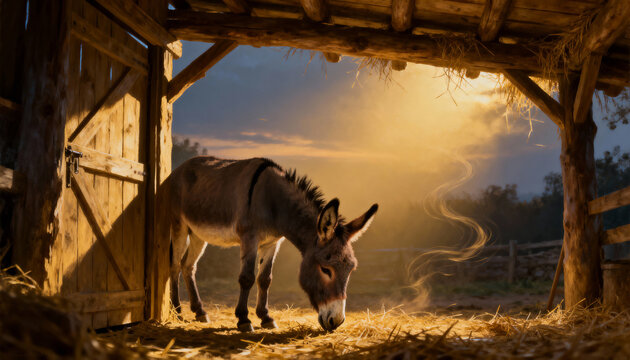 A donkey in a rustic wooden stable at sunrise. Biblical Christmas nativity scene with warm golden light in a manger - Powered by Adobe