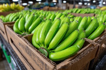 Fresh Unripe Bananas Ready for Distribution in Shipping Cartons