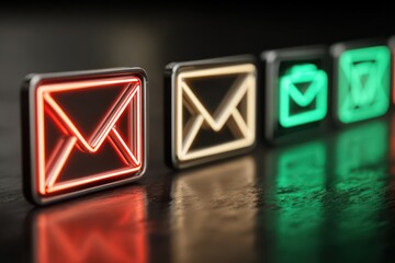 Neon Red and Green Email Icons Glowing on Dark Digital Screen