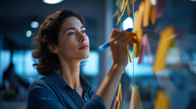 Young faceless professional writing on sticky notes on glass wall diverse team planning creative corporate office stand up meeting business ideation session modern workspace