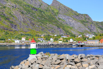 Moskenes harbor with fishing boats and the fisherman's home. Lofoten