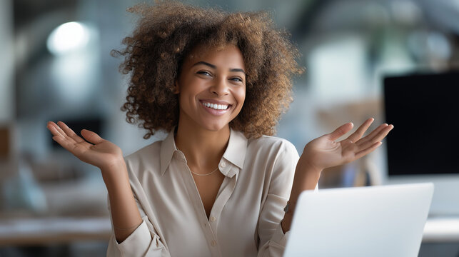 Happy faceless business woman manager explaining software professional elearning webinar employee training office collaboration laptop discussion corporate development