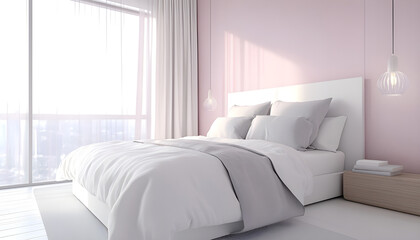 Fototapeta premium Sunlit bedroom features unmade white bed with pillows near sheer curtains. Soft light streams through window, creating peaceful