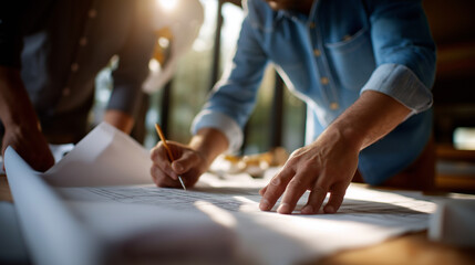 Carpenter team with blueprint faceless father and son planning project construction architecture apprentice mentor with design drawing workshop training professional skill