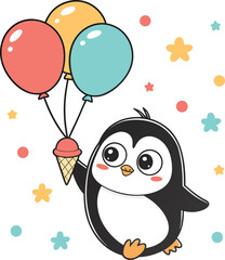 Adorable cartoon penguin character happily floating with a colorful bundle of festive helium balloons and an ice cream cone, a whimsical illustration perfect for children's designs, celebrations, and 