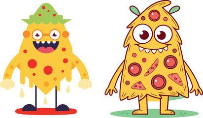 Two cheerful and whimsical pizza monster characters illustration, featuring vibrant colors, a melting cheese texture, and pepperoni elements, perfect for playful food-related designs, children's conte