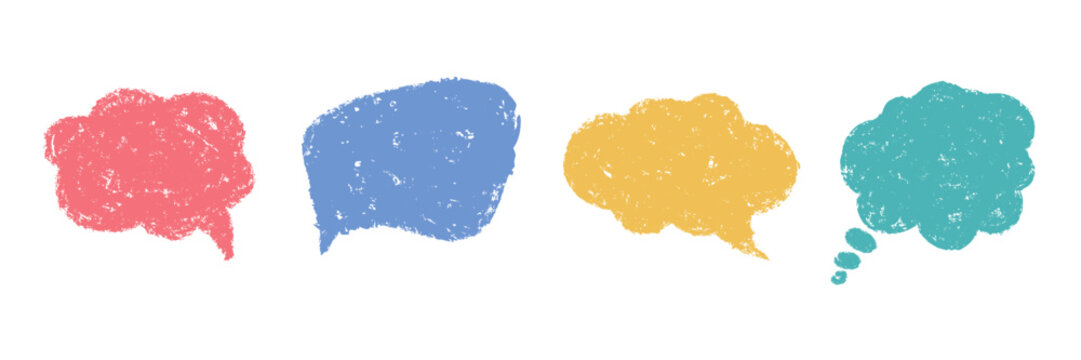 Speech bubbles sketch doodle set. Crayon pencil chalk texture. Communication idea text frame. Comic talk balloon. Childish education text box cloud isolated