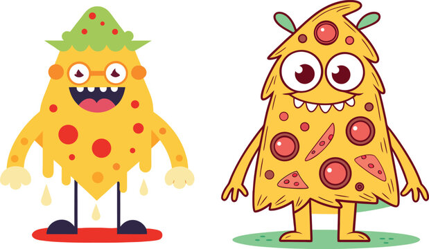 Two cheerful and whimsical pizza monster characters illustration, featuring vibrant colors, a melting cheese texture, and pepperoni elements, perfect for playful food-related designs, children's conte