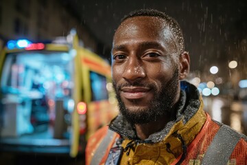 Emergency Paramedic Standing by Ambulance in Night City