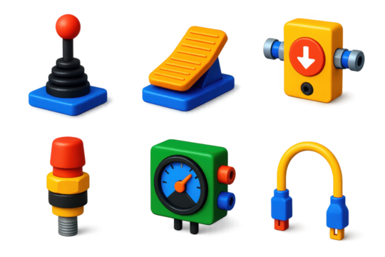3D Hydraulic Icons. 3D icon set of hydraulic control systems: joystick control, foot pedal, load sensor, pressure switch, feedback