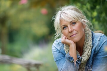Lovely Middle-Aged Woman Sitting Peacefully in Park
