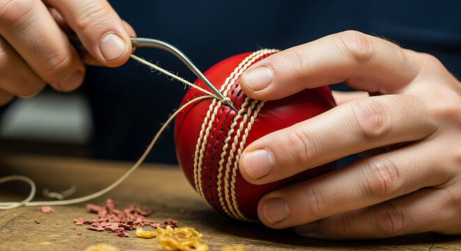 Closeup of Craftsman Hand-Stitching the Seam of a Red Leather Cricket Ball