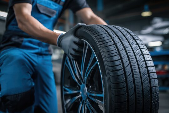 Professional Mechanic Handling New Car Tire for Repair