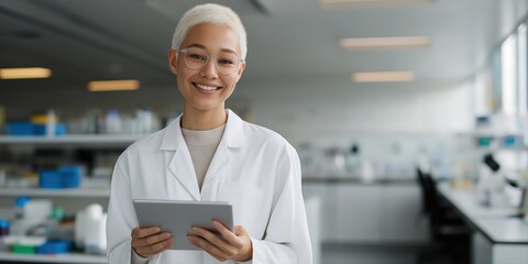 Caucasian female scientist in laboratory holding tablet with smile