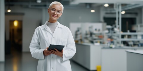 Caucasian female scientist in laboratory holding tablet technology and research