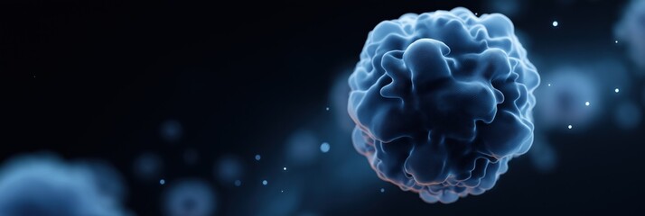 Close-up of abstract glowing blue microorganism on dark background