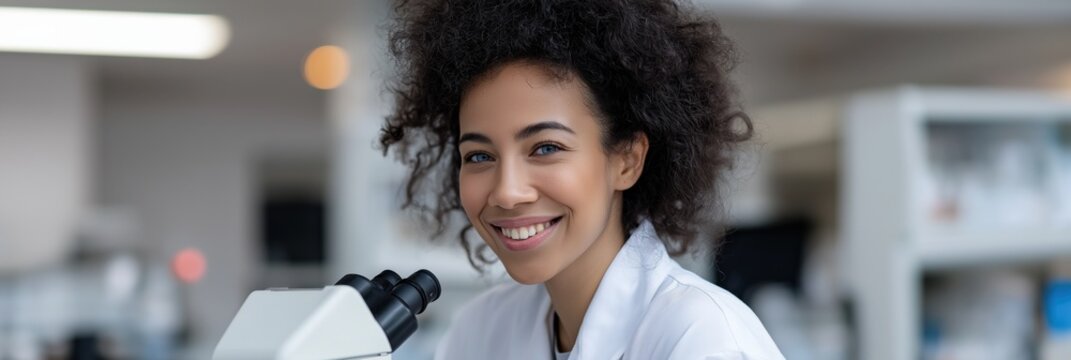 African female scientist smiling while working with microscope in laboratory